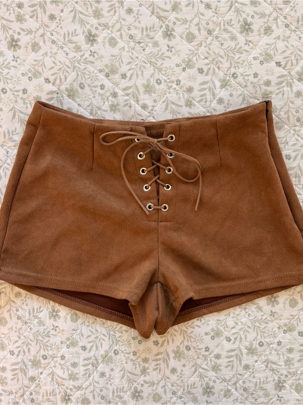Y2k Chrome Riot brown faux lace up suede mini shorts